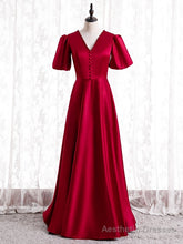 Burgundy Satin V-neck Backless Short Sleeve Prom Dress